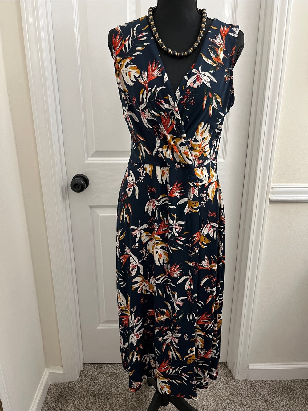 Navy Floral Sleeveless Wrap Midi Dress